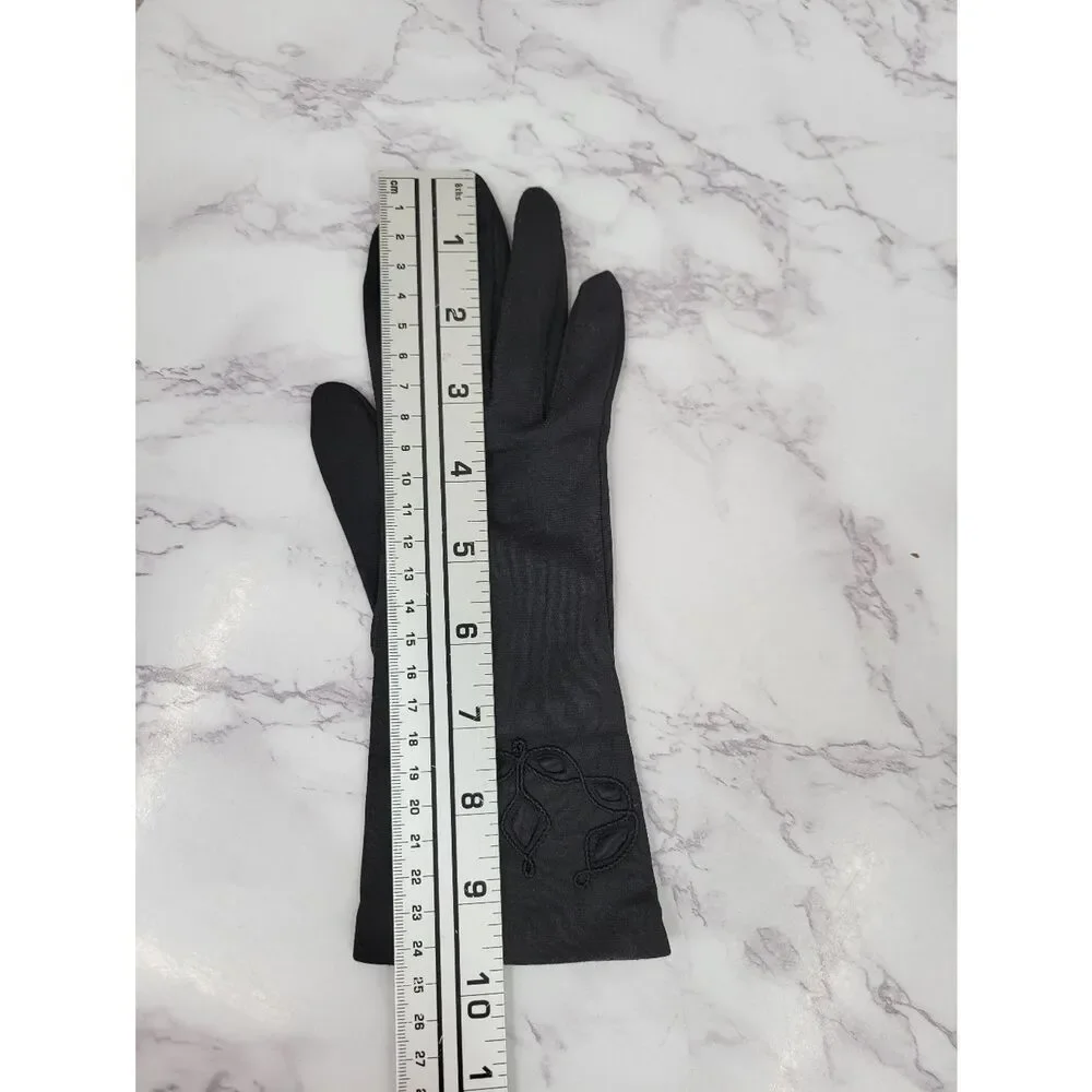 Vintage Nylon Classic Black Dress Driving Formal Gloves Satin Inset & Embroidery